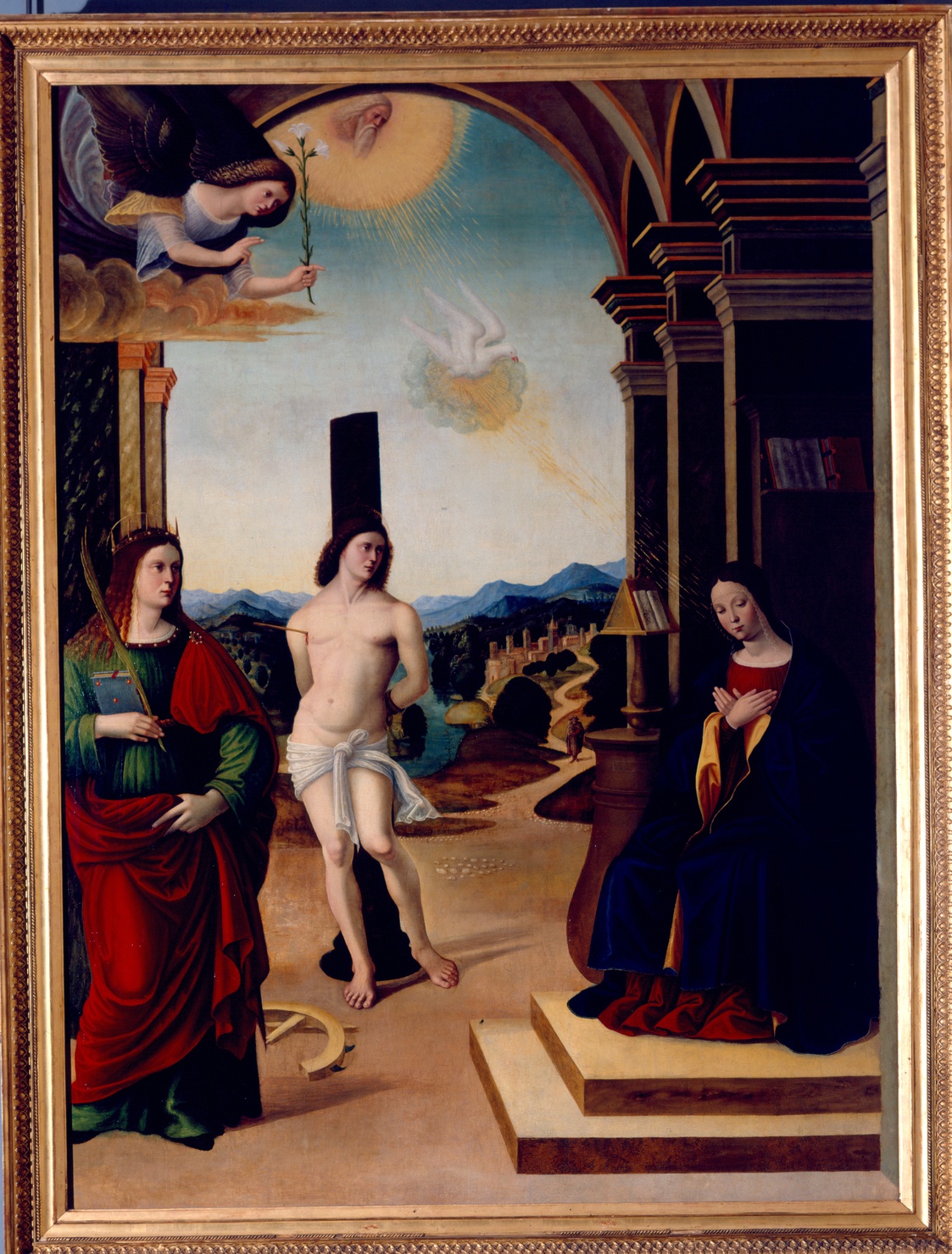 Annunciazione con Santa Caterina e San Sebastiano (dipinto) di Araldi Alessandro (prima metà sec. XVI)