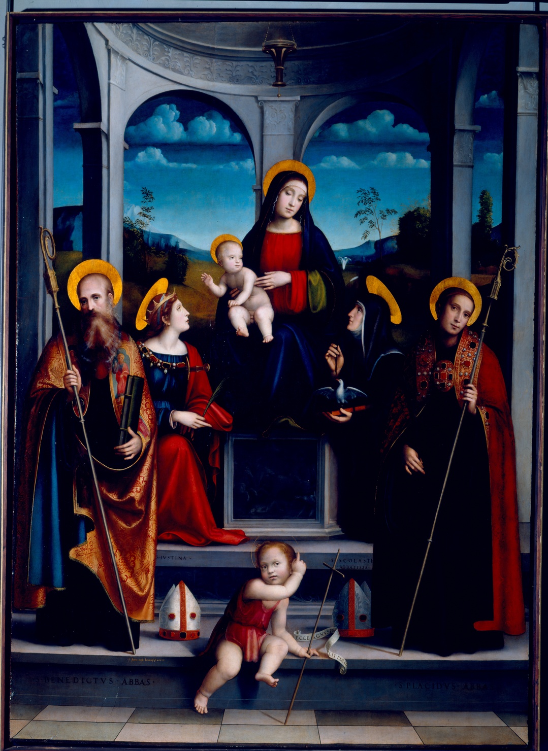 Madonna col Bambino in trono e i santi Benedetto, Giustina, Scolastica e Placido (dipinto) di Raibolini Francesco detto Francia (sec. XVI)