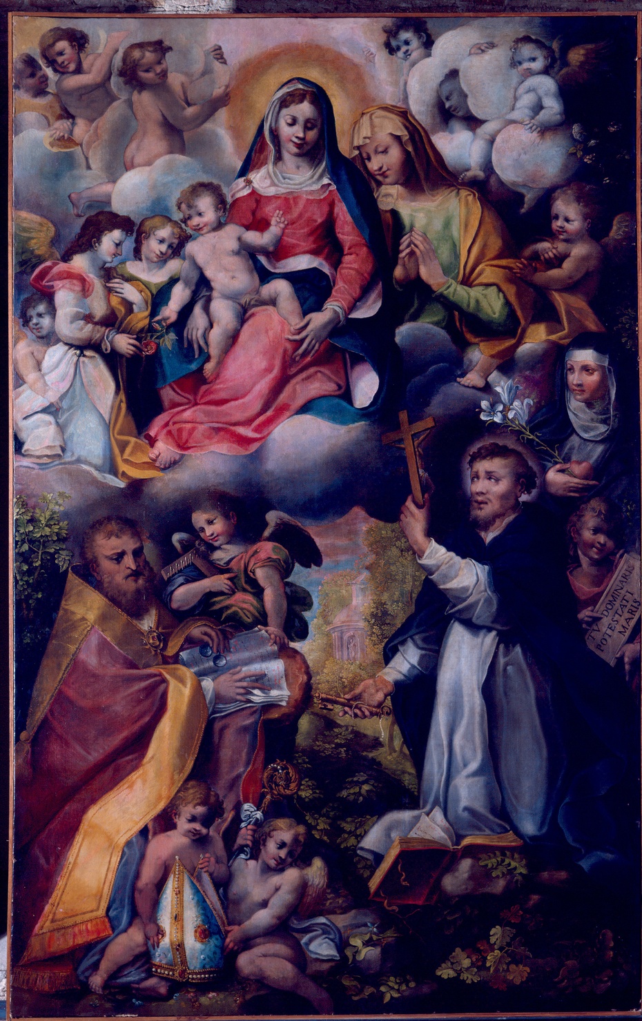 Madonna col Bambino fra angeli e i santi Elisabetta, Biagio, un domenicano e Rosa (dipinto) di Mazzola Bedoli Alessandro (sec. XVII)