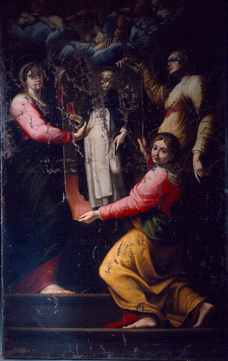 Madonna con le sante Caterina e Maddalena che reggono l'immagine di San Domenico (dipinto) di Longhi Francesco (attribuito) (sec. XVI)