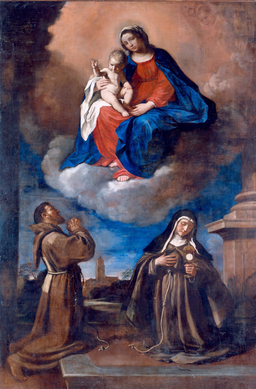 Madonna col Bambino in gloria e i santi Francesco e Chiara (dipinto) di Barbieri Giovanni Francesco detto Guercino (sec. XVII)
