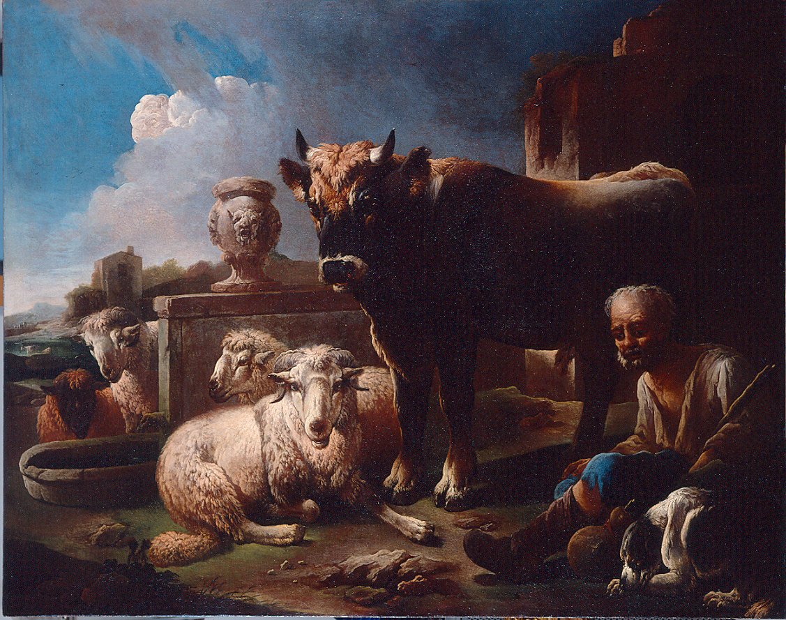 Paesaggio con un pastore e animali a una fontana (dipinto) di Roos Philipp Peter detto Rosa da Tivoli (sec. XVII)