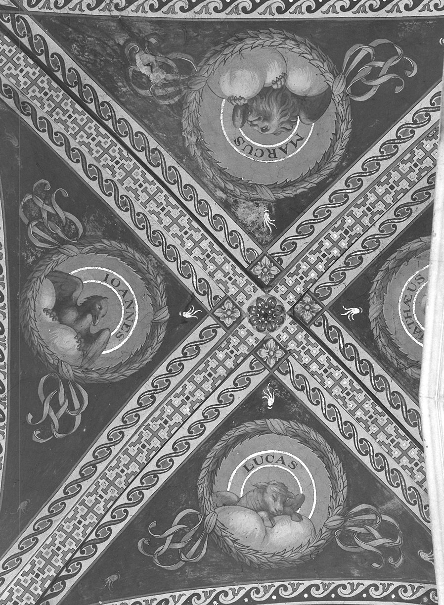 Simboli dei quattro evangelisti/ motivi decorativi (dipinto, elemento d'insieme) - ambito parmense (primo quarto sec. XX)