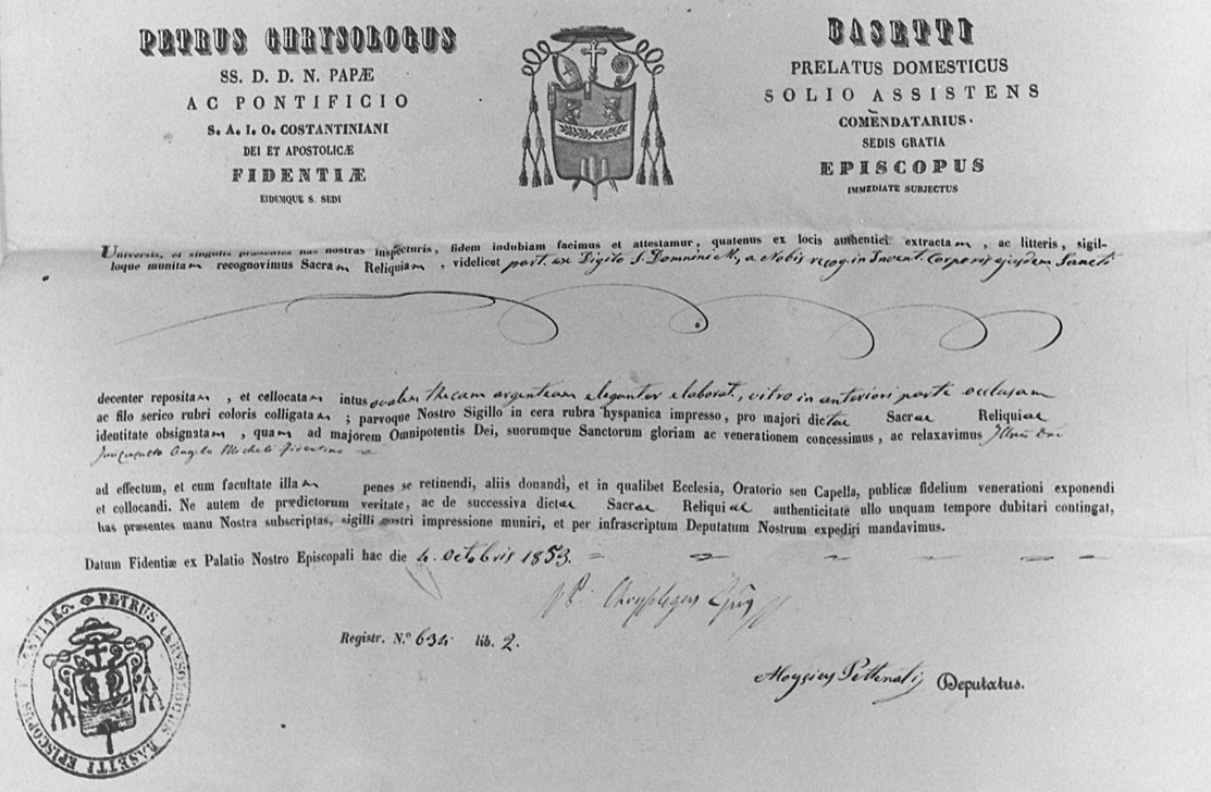 autentica di reliquia - ambito parmense (sec. XIX)