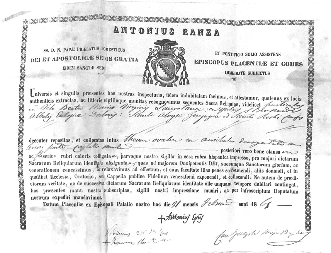 autentica di reliquia - ambito piacentino (sec. XIX)