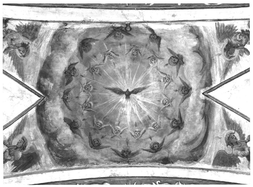 Colomba dello Spirito Santo circondata da angeli; estasi di Sant'Antonio Abate; putti con simboli di Sant'Antonio Abate (dipinto) di Musa Romeo (sec. XX)