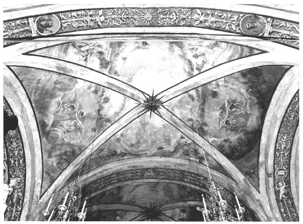 gloria di angeli con cartigli e simboli (dipinto) di Musa Romeo (sec. XX)