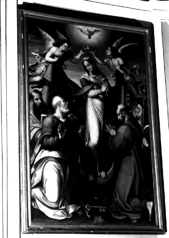 Madonna con i Santi Pietro, Paolo, Francesco d'Assisi e Chiara (dipinto) di Mainardi Andrea detto Chiaveghino (sec. XVI)