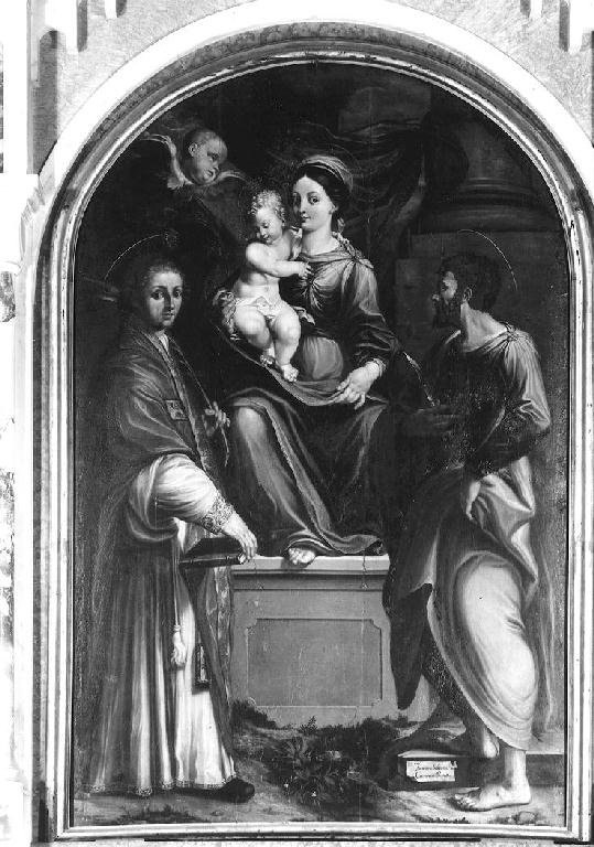 Madonna con Bambino in trono tra San Gregorio e San Bartolomeo (pala d'altare) di Pesenti Francesco detto Sabbioneta (sec. XVI)