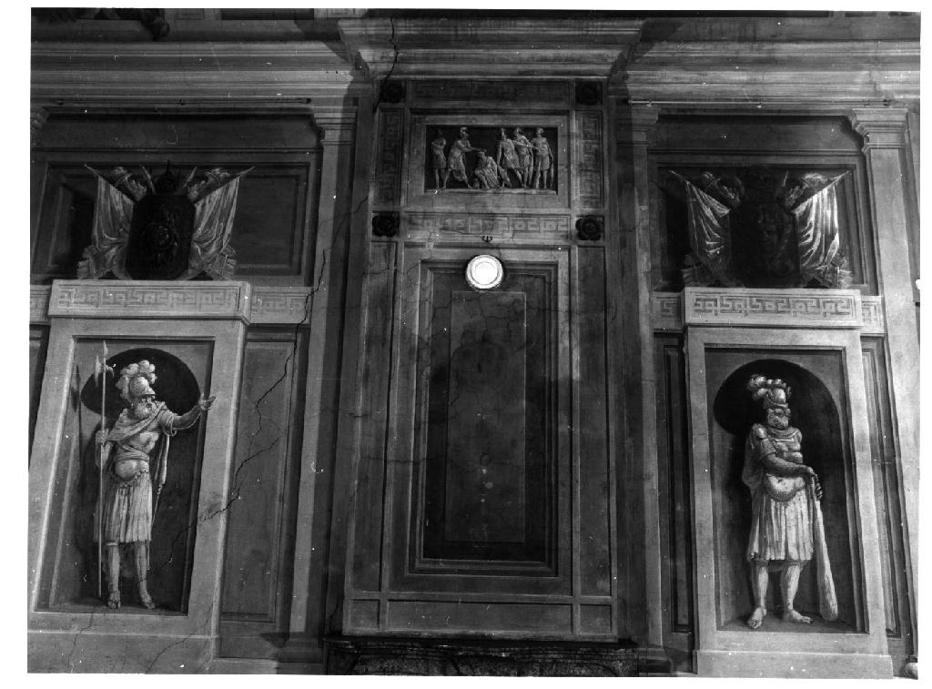 Architetture e motivi decorativi a cassettoni con rosette e figure (decorazione pittorica, complesso decorativo) - ambito parmense (inizio sec. XIX)