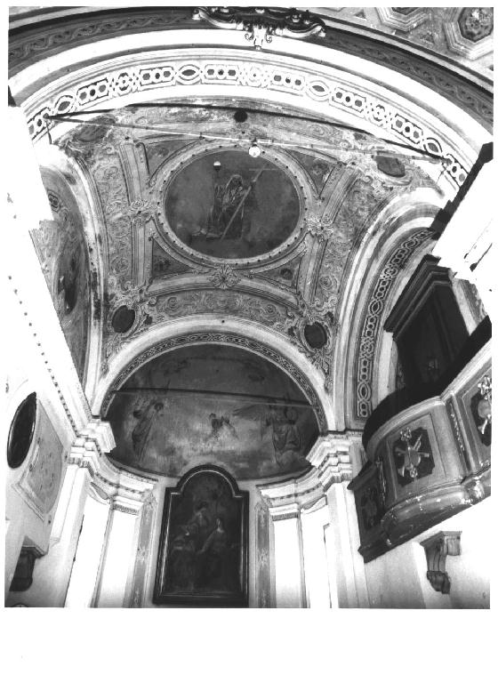 Motivi decorativi geometrici e fitomorfi; Quadrature architettoniche; Monogramma Mariano; Simboli della Passione; Allegoria della Chiesa; San Bernardo (decorazione pittorica, complesso decorativo) di Confetta T (sec. XX)