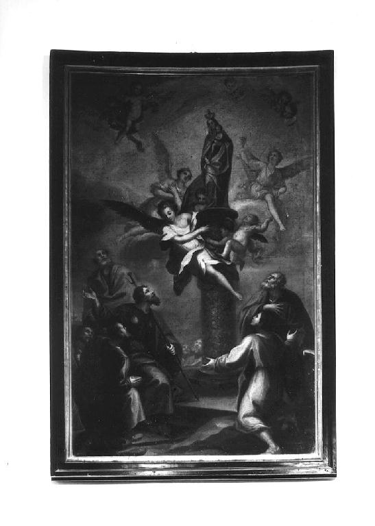 Madonna del Pilar, Madonna con Bambino su una colonna con Santi (dipinto, opera isolata) - ambito emiliano (sec. XVIII)