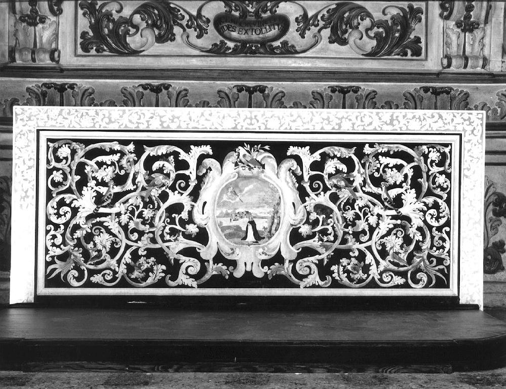 motivi decorativi a girali vegetali e Madonna con Bambino che appare a San Gacinto (paliotto) di Marelli Marco (sec. XVIII)