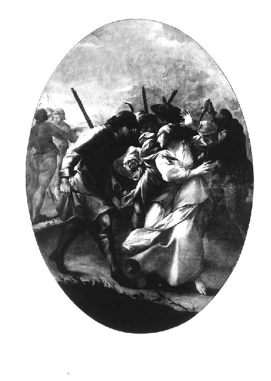 uomini armati assediano una giovane donna (dipinto) di Rubini Pietro (sec. XVIII)