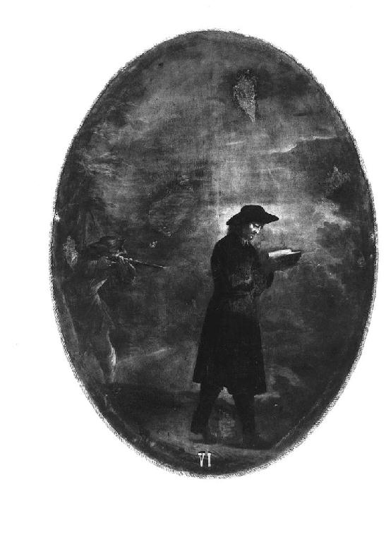 uomo armato di fucile spara ad un eccesiastico intento a leggere (dipinto) di Rubini Pietro (sec. XVIII)