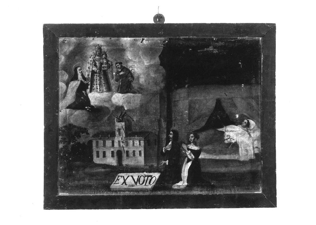 Madonna del Rosario con Santa Chiara e Sant'Antonio da Padova, appaiono aun uomo e una donna che pregano davanti a un letto dove giace un ferito (ex voto dipinto) - ambito emiliano (sec. XVII)