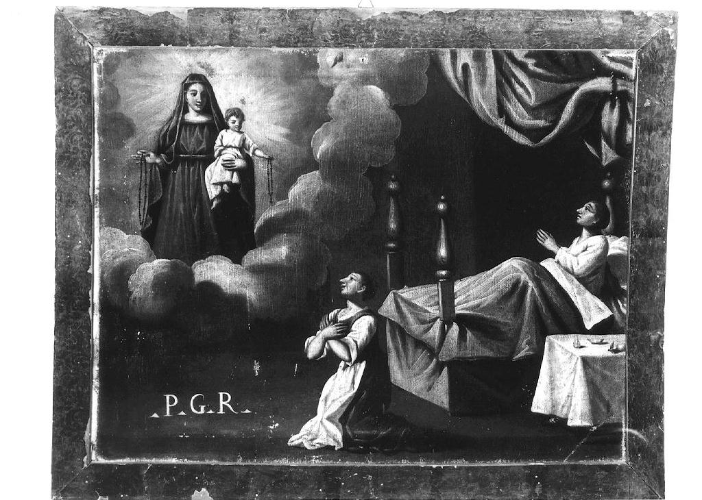 Madonna del Rosario appare a donna presso il letto di una malata (ex voto dipinto) - ambito emiliano (sec. XVII)