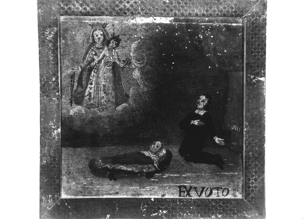 Madonna del Rosario appare a uomo in preghiera davanti alla culla del suo bambino (ex voto dipinto) - ambito emiliano (sec. XVII)