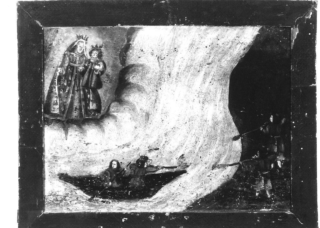Madonna del Rosario appare mentre due uomini stanno fuggendo in barca, su un fiume, sotto il tiro di due soldati (ex voto dipinto) - ambito emiliano (sec. XVII)