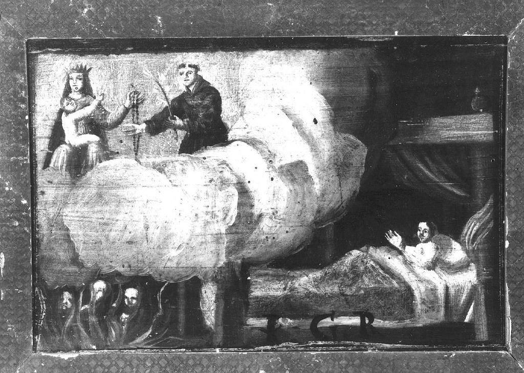 Madonna del Rosario e Sant'Antonio da Padova appaiono a malato, al di sopra delle anime dell'inferno (ex voto dipinto) - ambito emiliano (sec. XVIII)