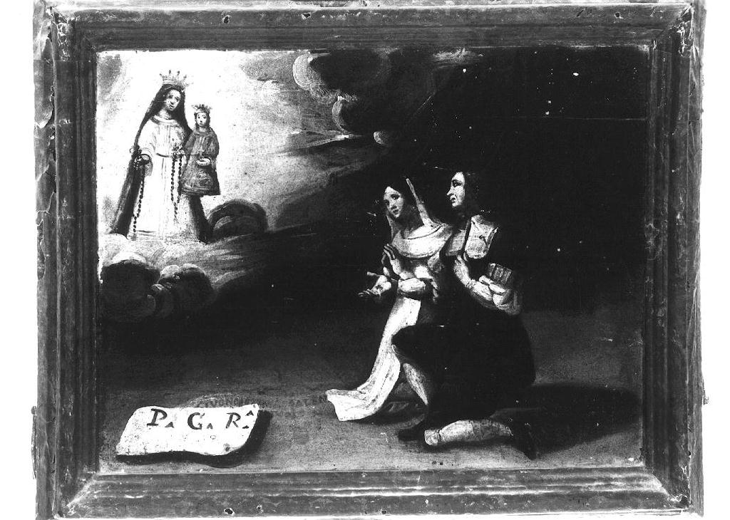 Madonna del Rosario appare a due giovani sposi inginocchiati (ex voto dipinto) - ambito parmense (sec. XVII)