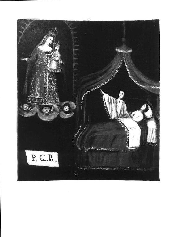 Madonna del Rosario appare a malato (ex voto dipinto) - ambito emiliano (sec. XVIII)