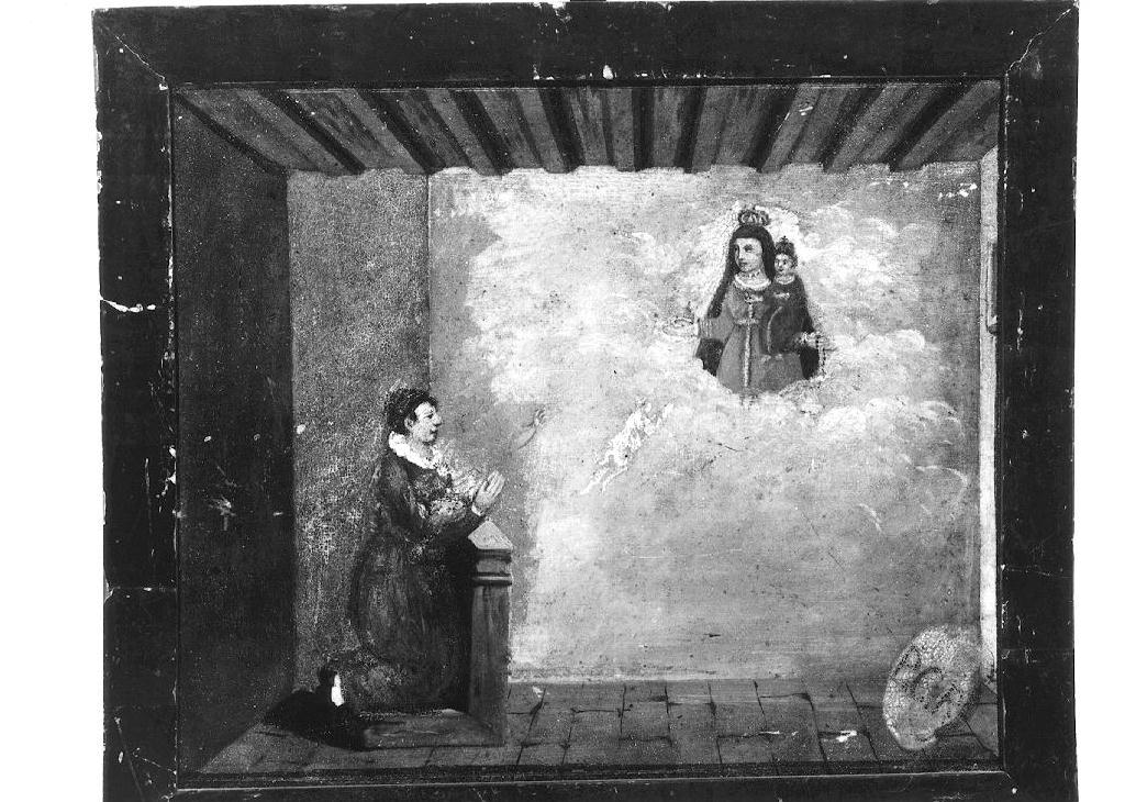 Madonna del Rosario appare a donna che prega (ex voto dipinto) - ambito emiliano (sec. XIX)