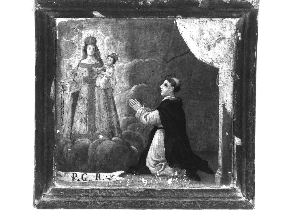 Madonna del Rosario appare a domenicano inginocchiato (ex voto dipinto) - ambito parmense (sec. XVII)