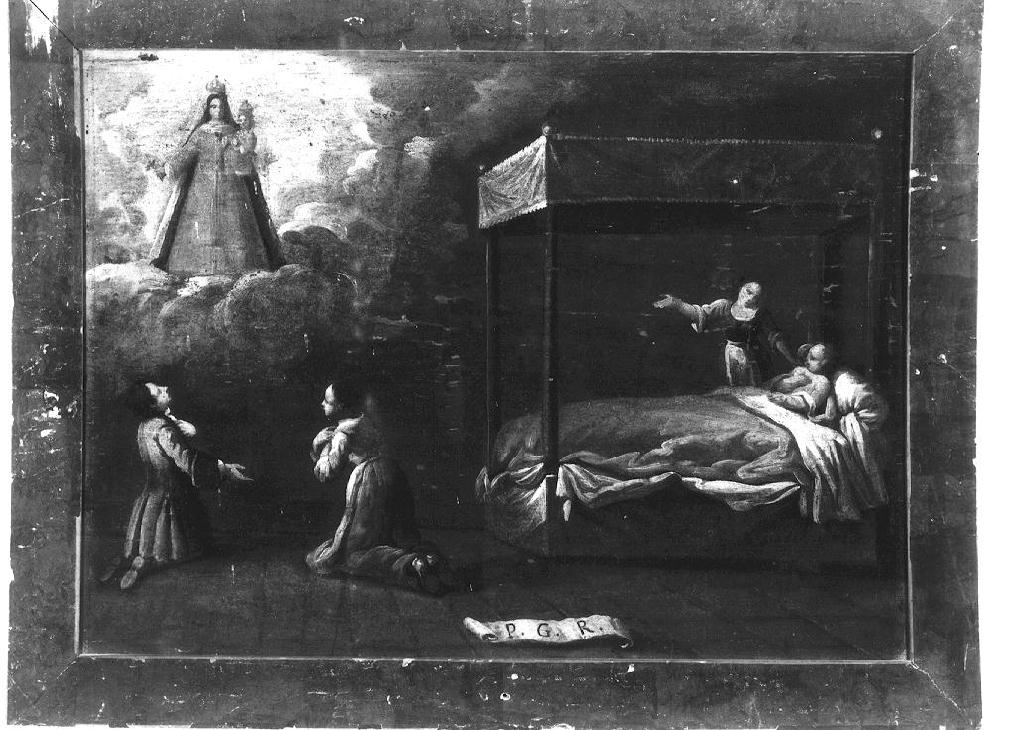 Madonna del Rosario appare a coppia davanti al capezzale di un bambino (ex voto dipinto) - ambito emiliano (sec. XVIII)