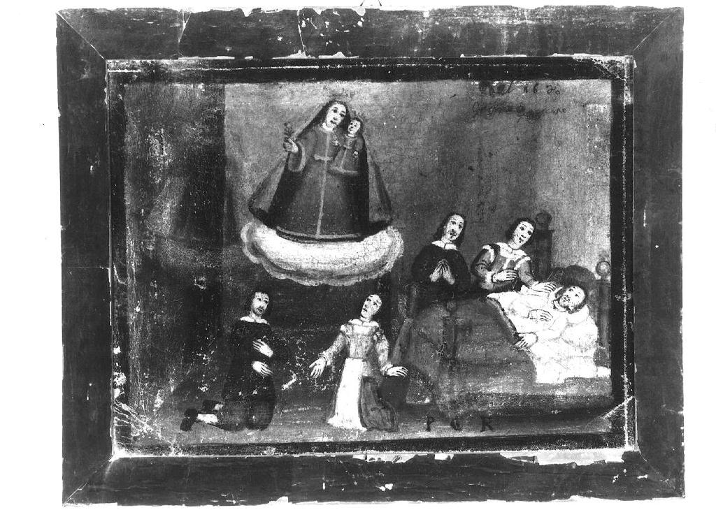Madonna con Bambino appare a quattro persone che assistono malato (ex voto dipinto) - ambito emiliano (sec. XVII)