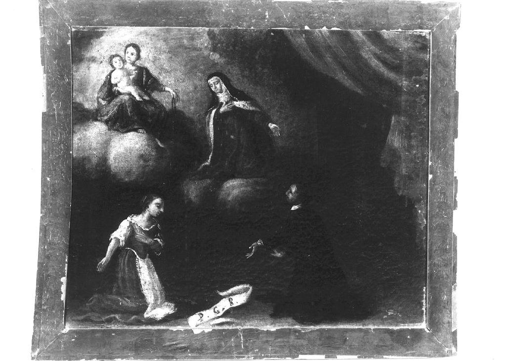 Madonna del Rosario e Santa Caterina da Siena appaiono a donna e sacerdote inginocchiati (ex voto dipinto) - ambito parmense (sec. XVIII)