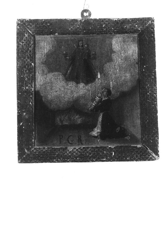 Madonna con Bambino appare a madre che mostra un neonato salvato dal fuoco (ex voto dipinto) - ambito emiliano (sec. XIX)