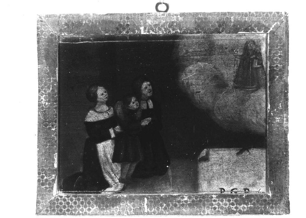 Madonna del Rosario appare a uomo e donna che le mostrano un bambino gobbo (ex voto dipinto) - ambito parmense (secc. XVII/ XVIII)