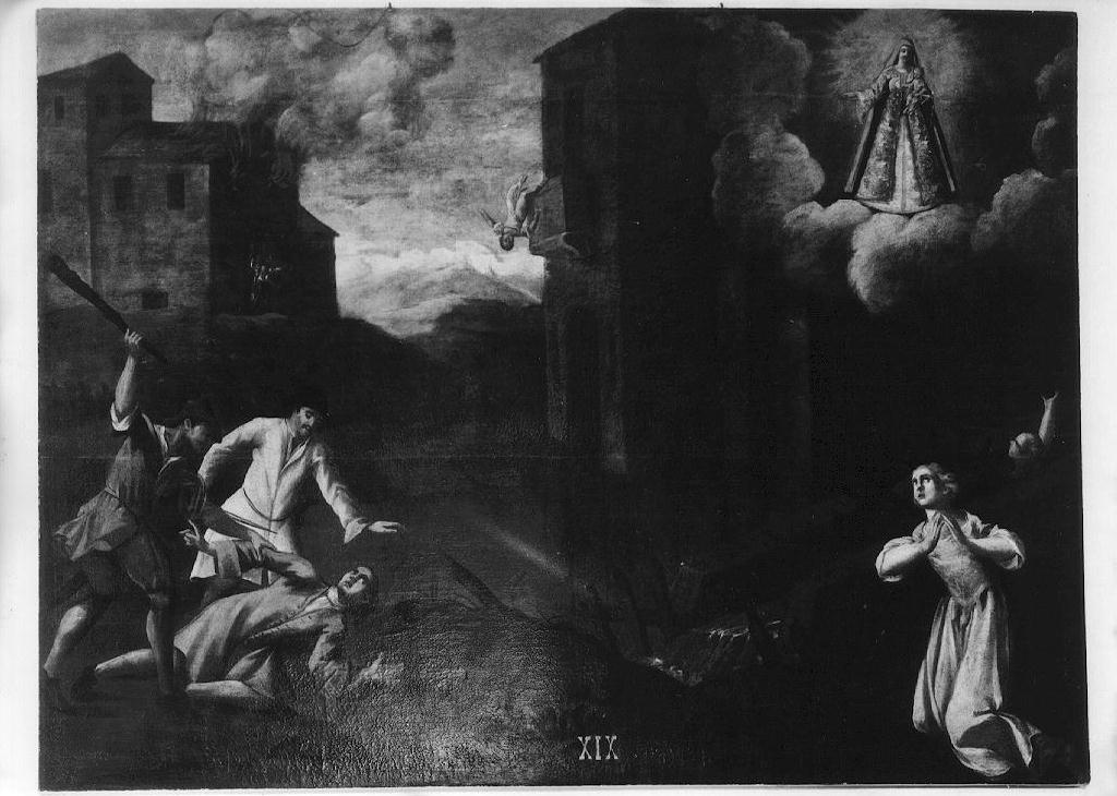 Madonna del Rosario appare a donna che prega per un bambino che cade in un fiume e per un uomo che sta per essere bastonato (ex voto dipinto) - ambito emiliano (sec. XVIII)