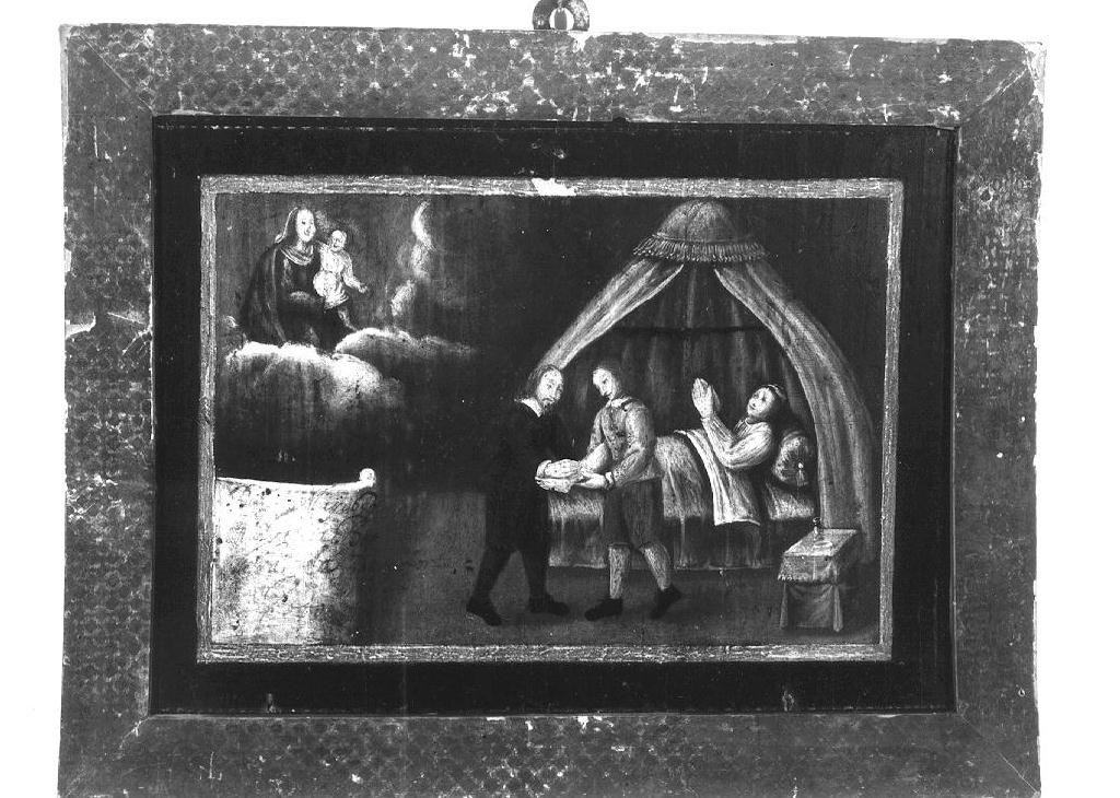 Madonna con Bambino appare a uomo ferito (ex voto dipinto) - ambito parmense (sec. XVII)