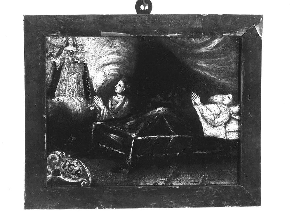 Madonna del Rosario appare a donna che prega vicino al letto di un malato (ex voto dipinto) - ambito emiliano (sec. XVIII)