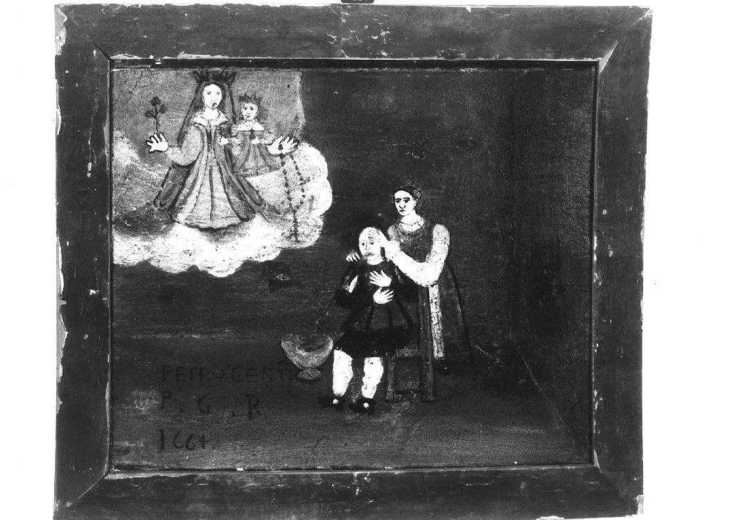 Madonna del Rosario appare mentre un bambino vomita sangue (ex voto dipinto) - ambito emiliano (sec. XVII)