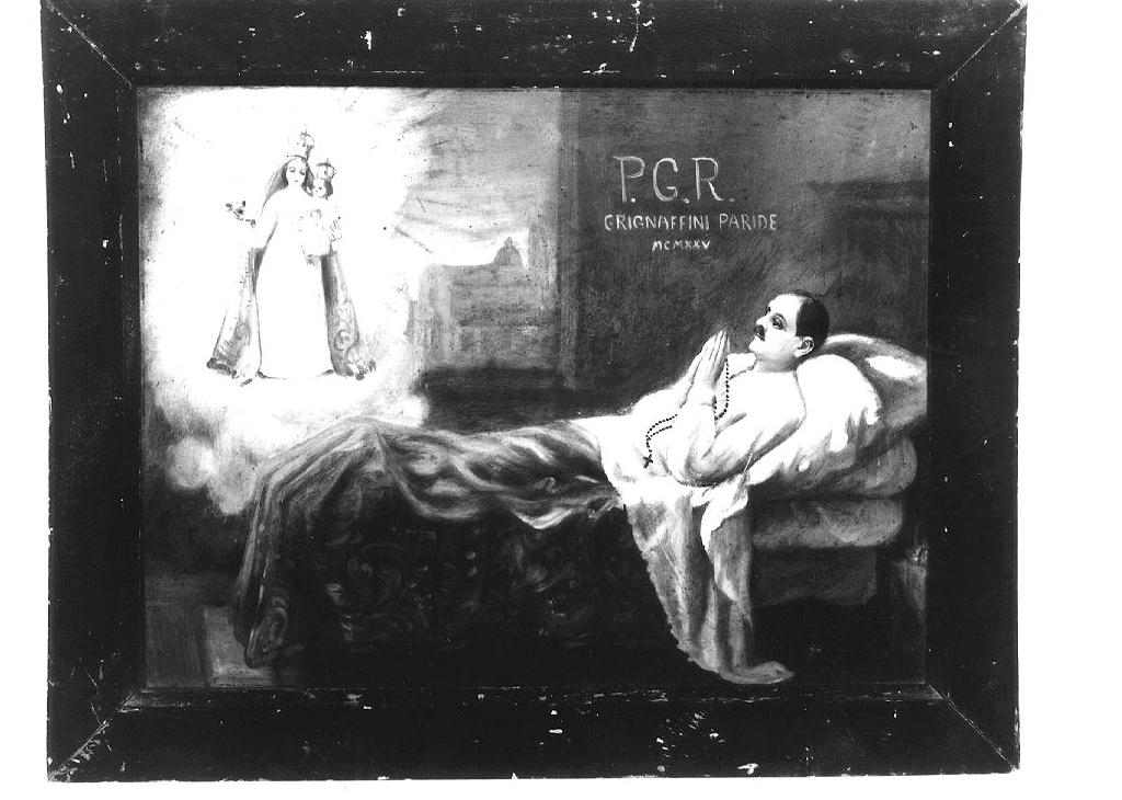 Madonna del Rosario appare a malato (ex voto dipinto) - ambito emiliano (sec. XX)