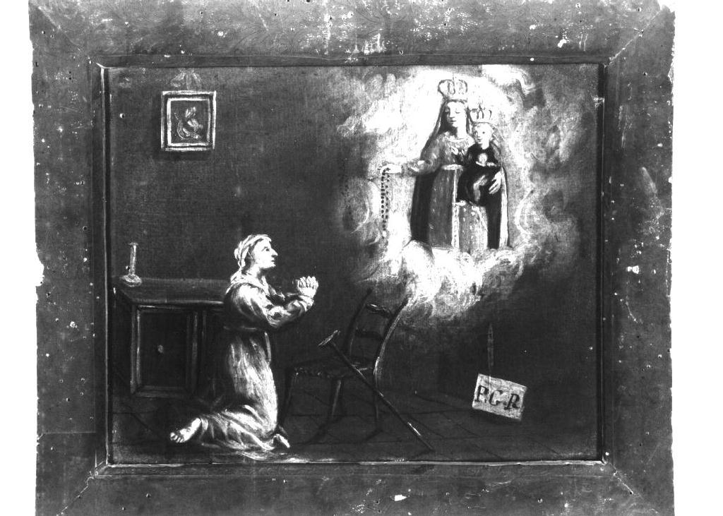 Madonna del Rosario appare a donna che prega (ex voto dipinto) - ambito emiliano (seconda metà sec. XVIII)