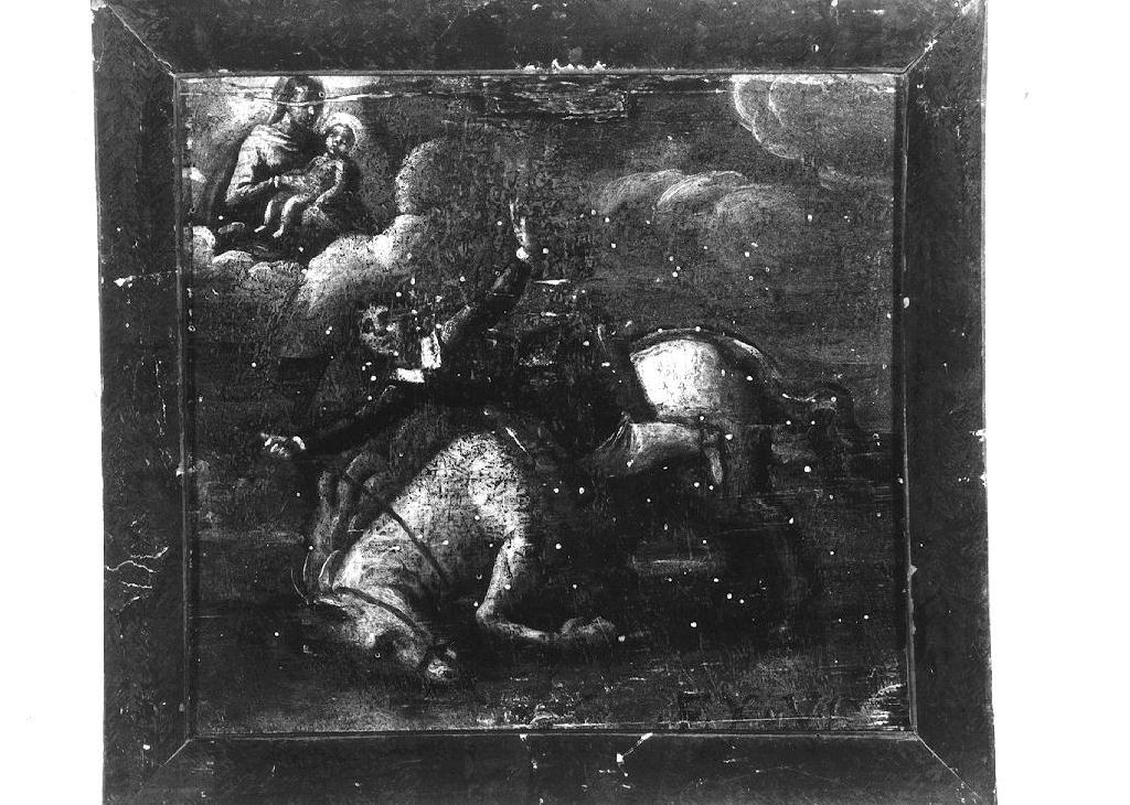 Madonna con Bambino appare a uomo caduto da cavallo (ex voto dipinto) - ambito emiliano (prima metà sec. XVII)
