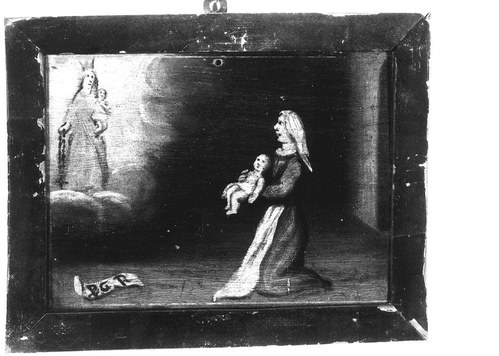 Madonna del Rosario appare a donna che le mostra un neonato (ex voto dipinto) - ambito emiliano (sec. XVIII)