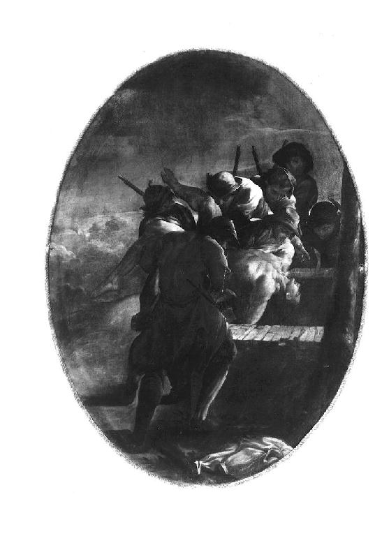 alcuni uomini estraggono un uomo da un pozzo (dipinto) di Rubini Pietro (sec. XVIII)