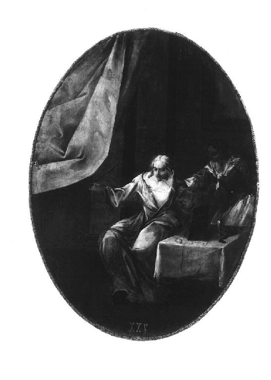 donna si ritrae spaventata dopo essersi guardata allo specchio (dipinto) di Rubini Pietro (sec. XVIII)