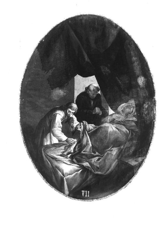 due uomini soccorrono donna malata (dipinto) di Rubini Pietro (sec. XVIII)