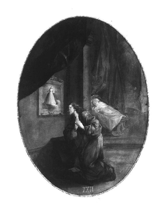 madre che prega l'immagine della Madonna del Rosario (dipinto) di Rubini Pietro (sec. XVIII)