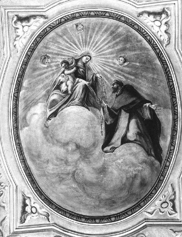 Madonna con Bambino che consegna il rosario a San Domenico (dipinto) di Rubini Pietro (metà sec. XVIII)