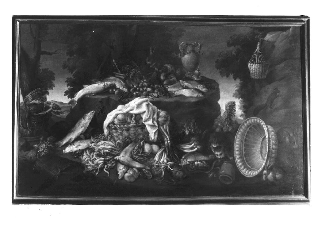 Pranzo di magro, natura morta con pesci e ortaggi (dipinto) di Boselli Felice (fine sec. XVII)