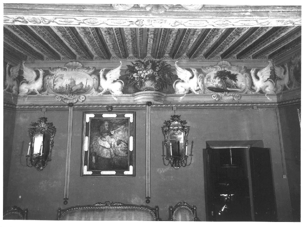 elementi decorativi architettonici, vasi con fiori, paesaggi, grifoni (decorazione pittorica) di Boselli Felice (sec. XVII)