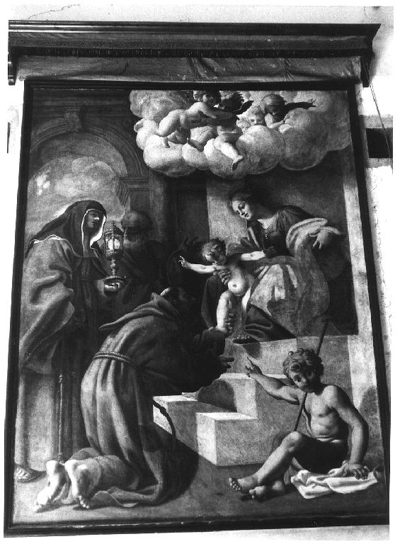 Madonna con Bambino in trono, San Giovannino, San Francesco, Santa Chiara, San Giuseppe (dipinto) di Schedoni Bartolomeo (sec. XVII)