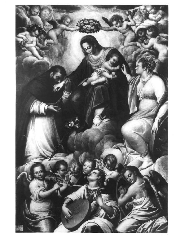 Madonna con Bambino che consegna il rosario a San Domenico e sposalizio mistico di Santa Caterina d'Alessandria (dipinto, opera isolata) di Gatti Gervasio (sec. XVII)